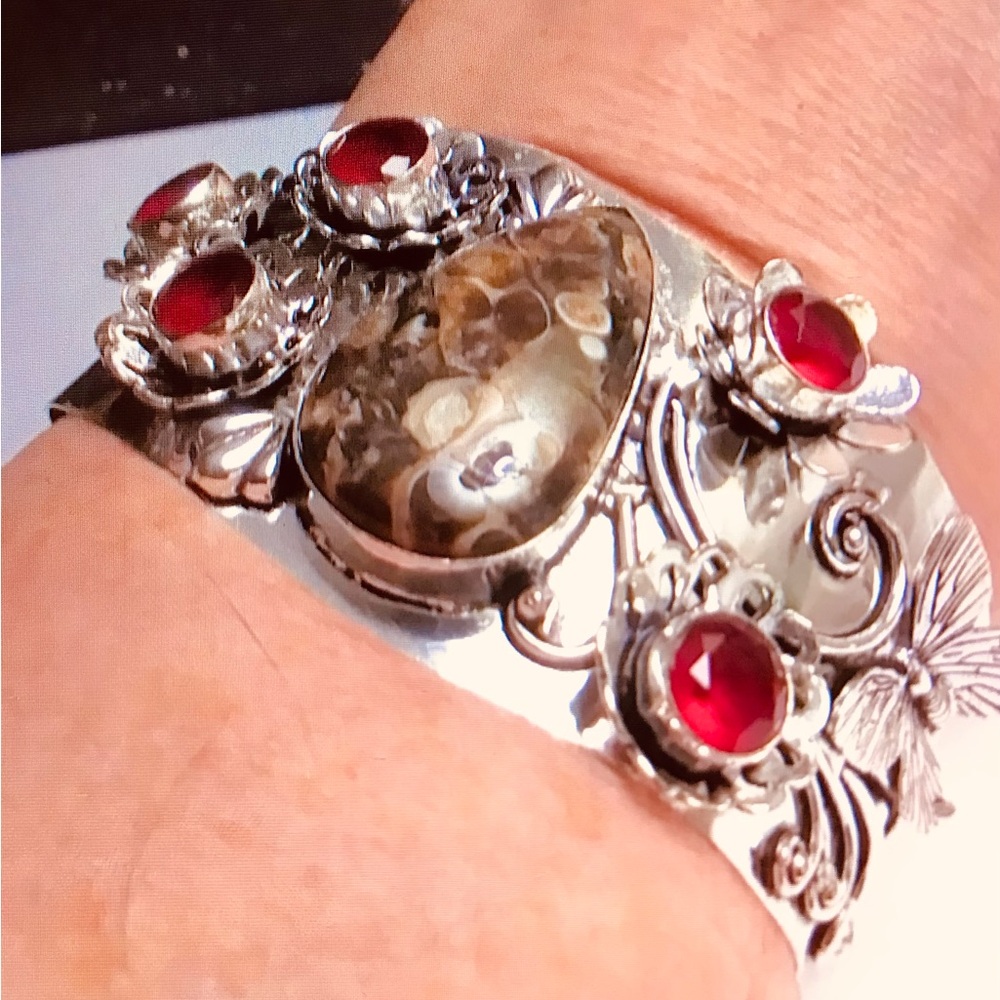 Turritella Garnet Stamped 925 Sterling Silver Cuff Bracelet